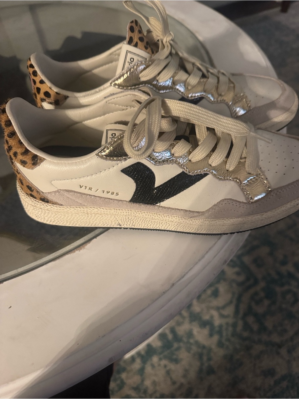 Victoria V-Style Leather & Leopard Accent Sneakers - Cream/Black